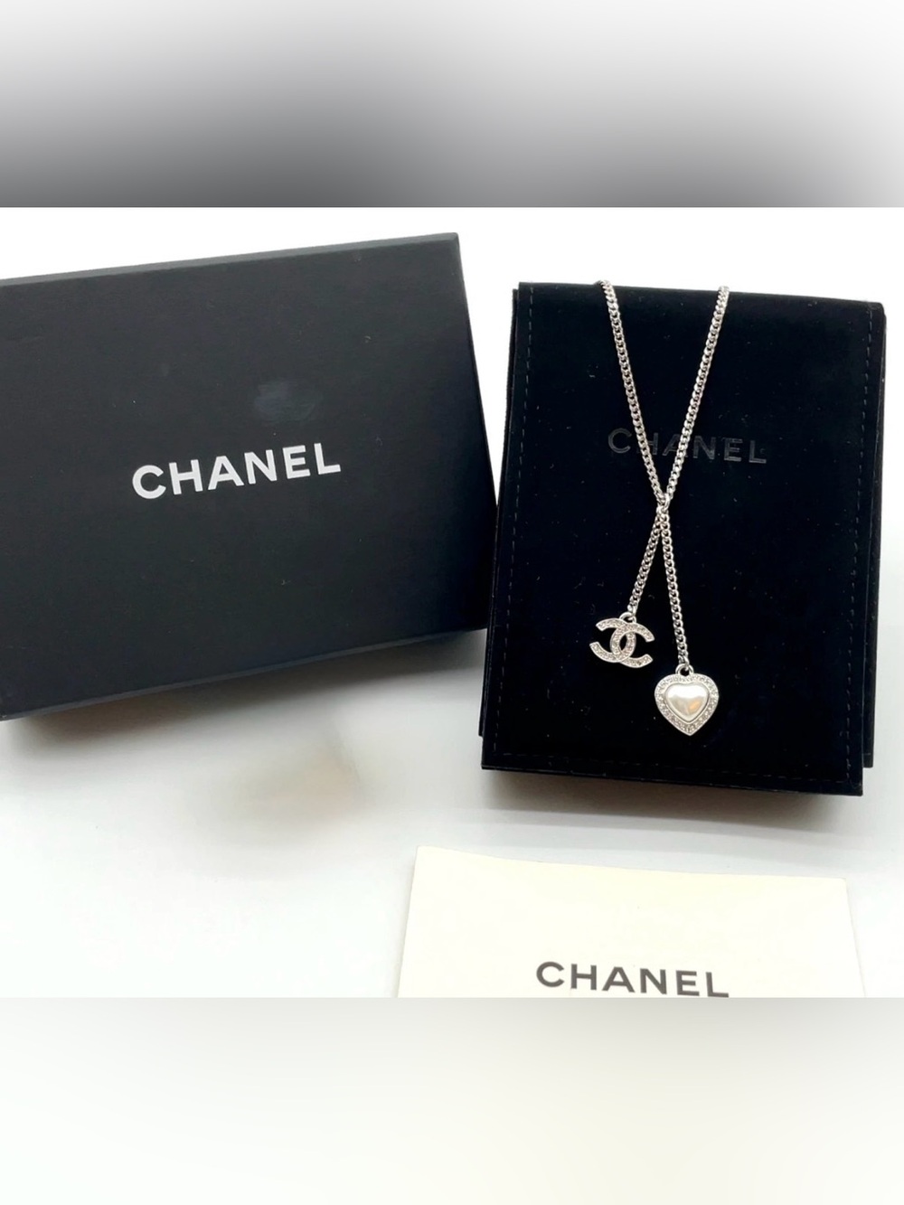 CHANEL Silver CC Logo and Heart Necklace with Mother-of-Pearl Heart